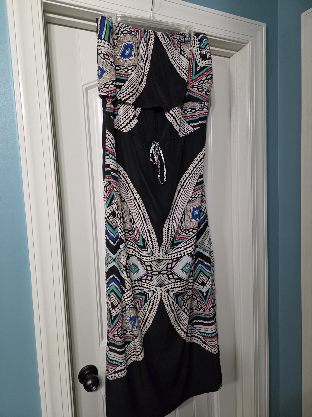 Mossimo Black Strapless Maxi Dress with Teal, Pink & Blue Geometric Print